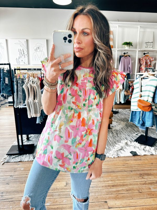 Pink Green Floral Top Discount