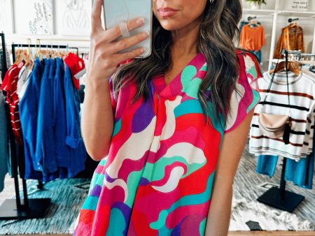 Blue Fuchsia Mix Abstract Top on Sale