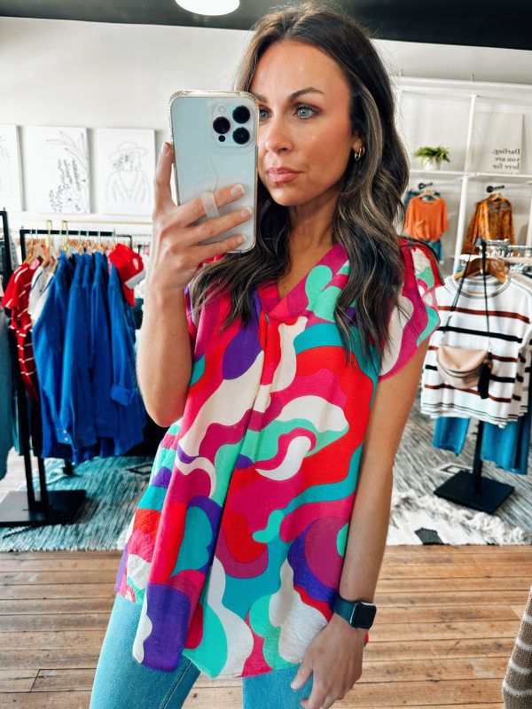 Blue Fuchsia Mix Abstract Top on Sale