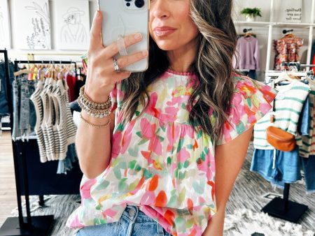 Pink Green Floral Top Discount