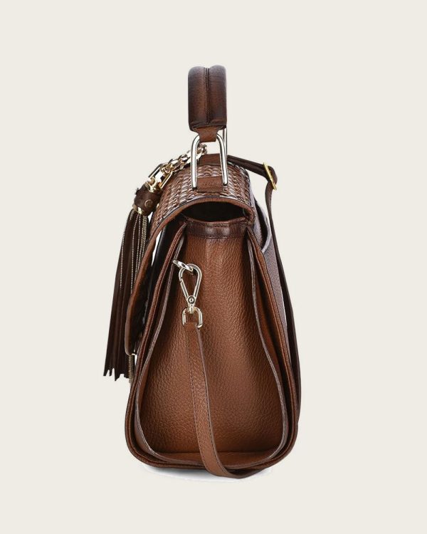 Brown bovine top handle handbag Online now