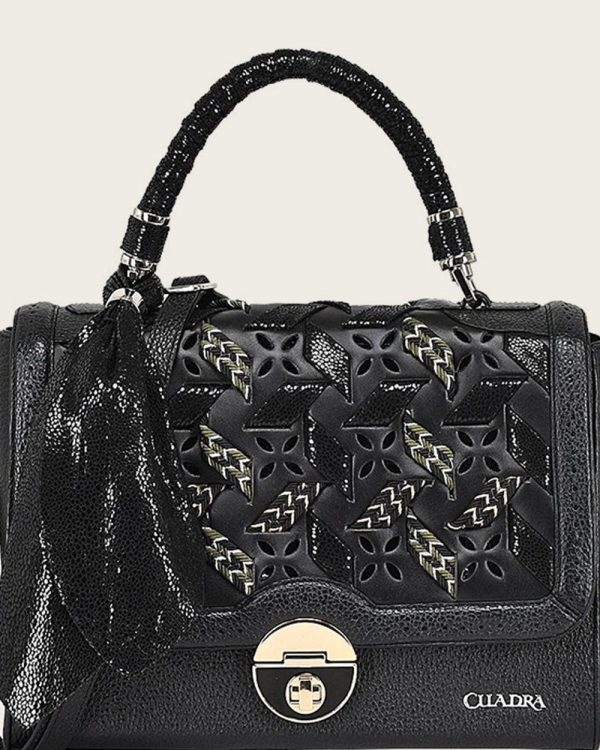 Black printed top handle handbag For Discount