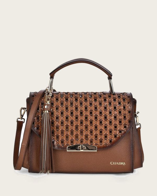 Brown bovine top handle handbag Online now