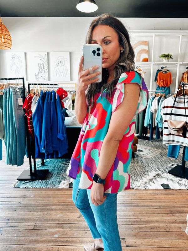 Blue Fuchsia Mix Abstract Top on Sale