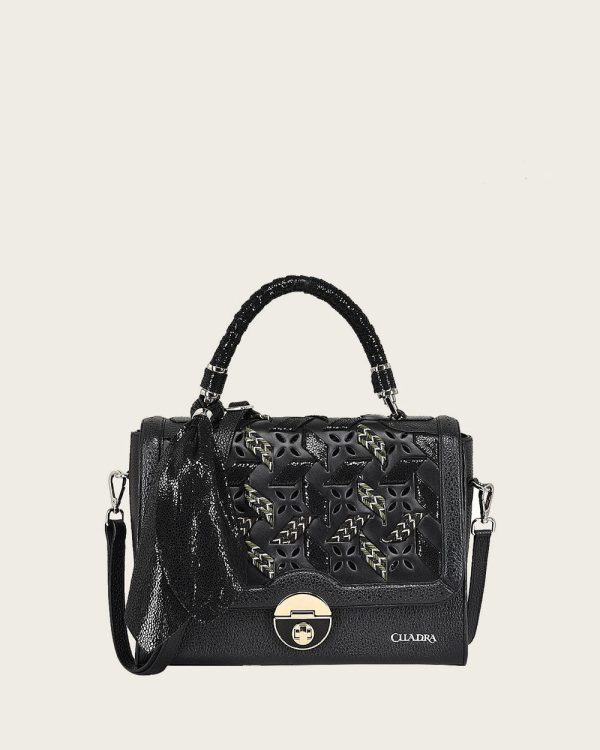 Black printed top handle handbag For Discount