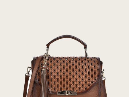 Brown bovine top handle handbag Online now