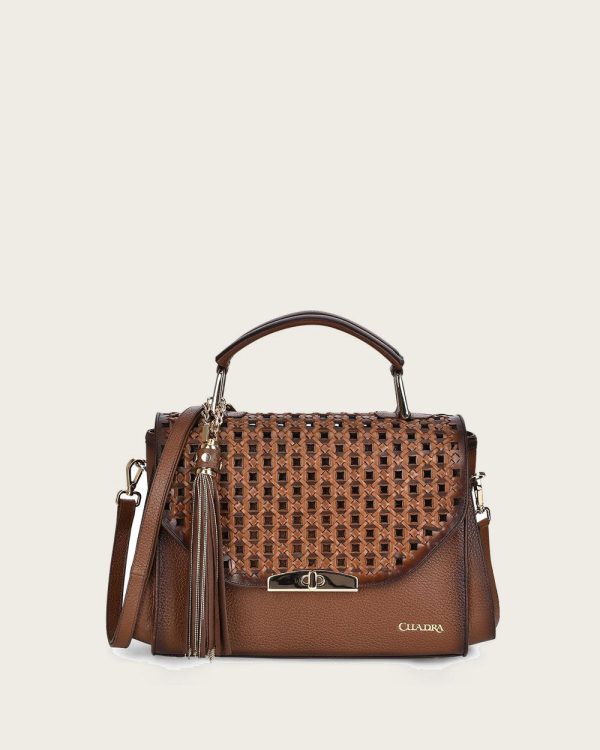 Brown bovine top handle handbag Online now