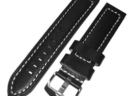 22mm Black Genuine Italian Calfskin Leather Watch Strap with White Stitching by Arctos-Elite Germany. Surgical Steel Buckle. Discount