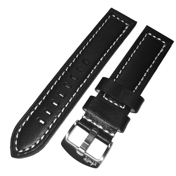 22mm Black Genuine Italian Calfskin Leather Watch Strap with White Stitching by Arctos-Elite Germany. Surgical Steel Buckle. Discount