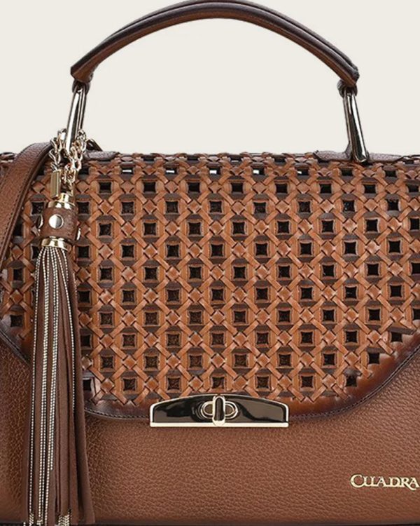 Brown bovine top handle handbag Online now